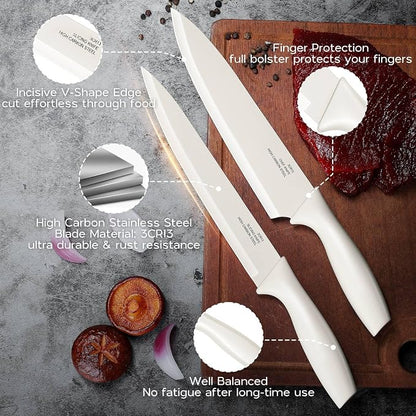 Onader 12 Pieces Knife Set with Covers, Stainless Steel Small Kitchen Knives Set, Cream White