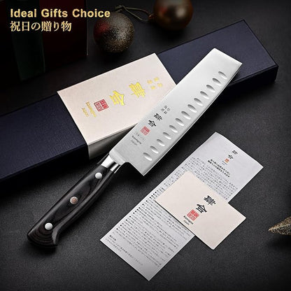 kanngou 7 Inch Nakiri Knife Japanese Cleaver Knife, Japan AUS-8 Alloy Steel Kitchen Chopping Knife with Full-Tang Pakkawood Handle and Premium Gift Box (Classic Series)