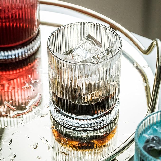 KEMORELA Ribbed Glass Cups Set, 13oz Vintage Drinking Glassware Set of 4, Premium Glassware, Elegant Mixed Glassware Set, Origami Style Cocktail Glasses, Great for Cocktail, Whisky & Beverages