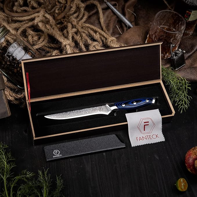 FANTECK 6 Inch Boning Fillet Knife,Damascus Japanese 67 Layer Professional Sharp Curved Flexible Blade Kitchen Chef Knives with Sheath for Fish Poultry Chicken Meat Cutting,G10 Handle
