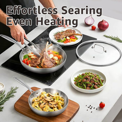 Inqibee 8.5-10 Inch Tri-Ply Stainless Steel Frying Pans with Lid, Small Sauté Pan Set, Skillets, Induction Cooking Pan, Pots and Pans Set Heavy Duty and Oven Safe
