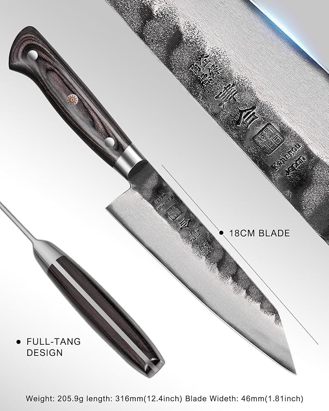 kanngou Japanese Chef Knife AUS-8 Alloy Steel 7 Inch Kiritsuke Knife, Razor Sharp Kitchen Cooking Knife with Full-Tang Black Pakkawood Handle and Gift Box