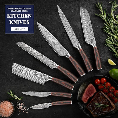 Sunnecko Kitchen Knife Set 7 Piece Chef Knife Set Professional High Carbon Stainless Steel, Sharp Kitchen Knives with Wooden Handle