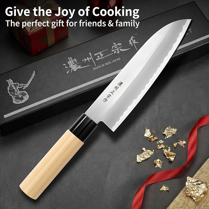 6.7 Inch Santoku Knife, Made in Japan, SK-5 High Carbon Steel Kasumi Japanese Chef Knife with Octagonal Natural Wood Handle, Kitchen Knife for Slicing Meat & Vegetables