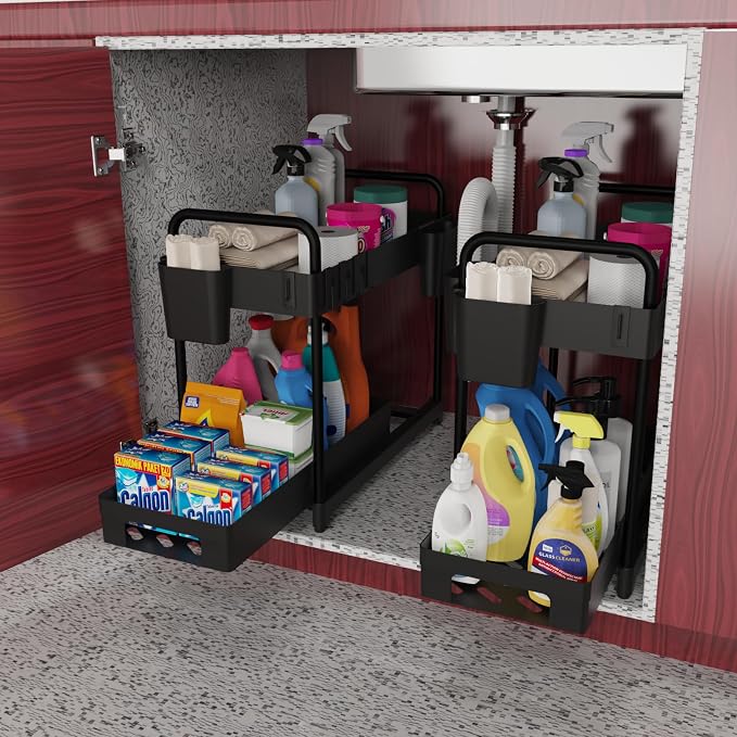 2 Pack Double-Layer Under Sink Organizer for Efficiently Utilizing Space, High Capacity and Space Saving, 2 Tier Sliding Under Sink Shelf with 4 Hooks and a Cup Slot(Black)