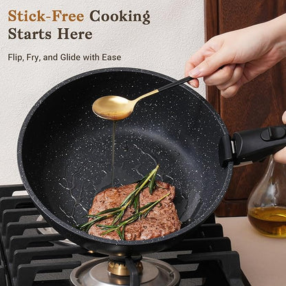 SODAY 15Pcs Pots and Pans Set Non Stick, Cookware Sets with Detachable Handle, Nonstick RV Kitchen Cooking Tools Removable Handles, Oven Safe, Induction Fast, Stackable Induction Cookware,Black