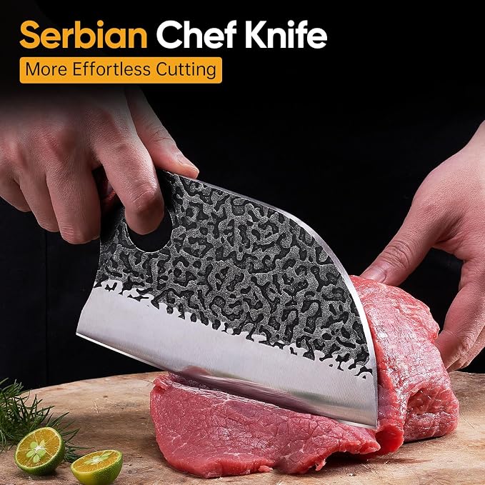 KITNATS Butcher Knife Set, 3PCS Hand Forged Meat Cleaver, Serbian Chef Knife & Viking Boning Knife for Meat Cutting, Outdoor BBQ, Camping, Kitchen Cooking, Gift for Men