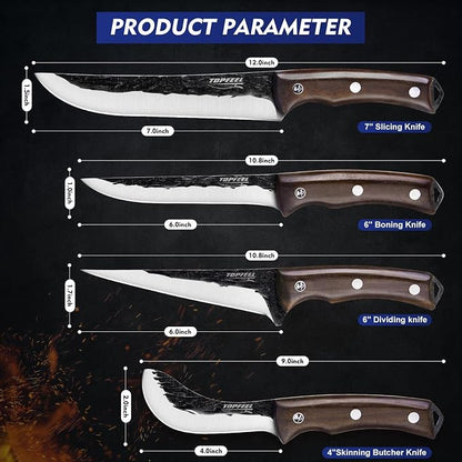 Topfeel 4PCS Hand Forged Butcher Knife Set - Slicing Knife,Boning Knife, Dividing Knives,Skinning Butcher Knives,High Carbon Steel Meat Cutting cleaver for Home Kitchen & Outdoor