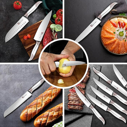 SYOKAMI Japanese Knives Set for Kitchen, Magnetic Knife Set with Block and Sharpener, Stainless Steel Knife Set as Gift for Couple, Wedding, Women or Mom with Gift Box, 14 PCS Red Dot
