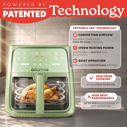Gourmia 8 Qt Air Fryer, 8 Presets with Digital Display, FryForce 360° Technology, Easy View Window & Interior Light, Dishwasher Safe Basket, Green