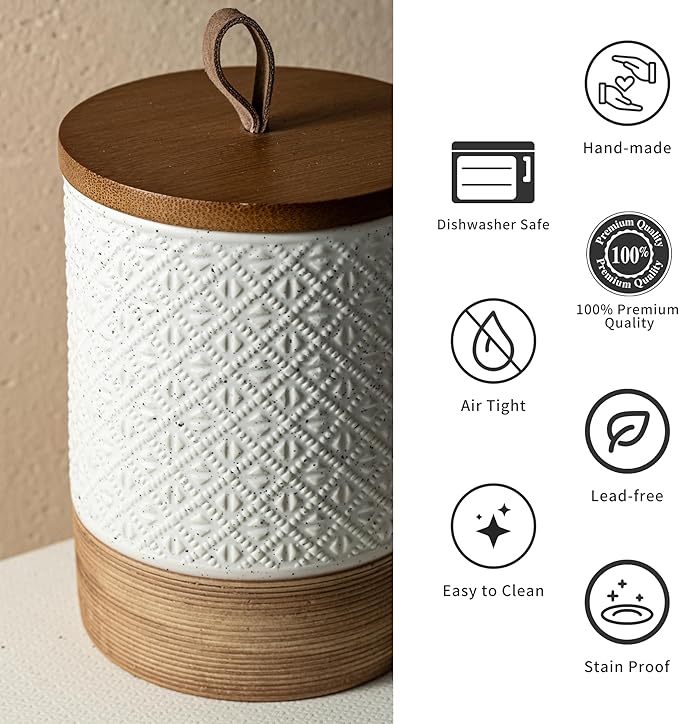 Miamolo Ceramic Coffee Container Kitchen Food Storage Jars for Spice Sugar Tea Bag, Stackable Farmhouse Jars for Kitchen Pantry - Coffee Bar Accessories Housewarming Wedding Gift - White & 42 fl.oz