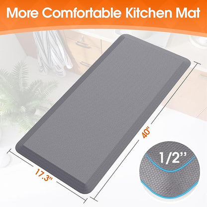 TranquilRelax Kitchen Mat, Cushioned Thick Floor Comfort Mat, with Non-Slip Bottom, Waterproof & Stain Resistant & Easy Clean, Standing Desk Mat for Kitchen, Sink, Office (17.3''x39'', Grey)