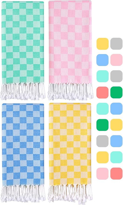4 Packs Checkered Plaid Turkish Beach Towel Beach Blanket Sandproof Fast Drying Extra Large Match Tote Bag Lounge Chair Umbrella Tent Dress Toys Canopy Outfits Dresses Shirt Cooler Packpack Table