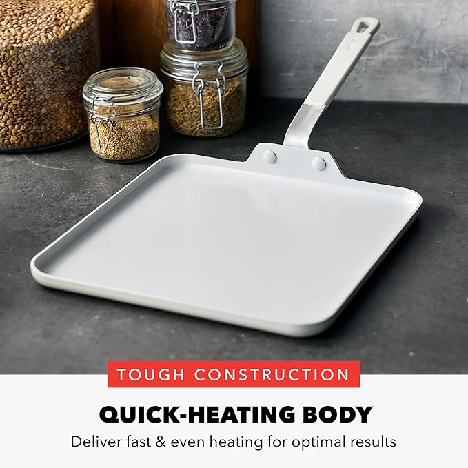 GreenPan x Bobby Flay 11” Nonstick Square Griddle Pan, PFAS-Free Diamond Ceramic Stay-Cool Silicone Handle, Easy Clean Dishwasher & Oven Safe Skillet, Cream
