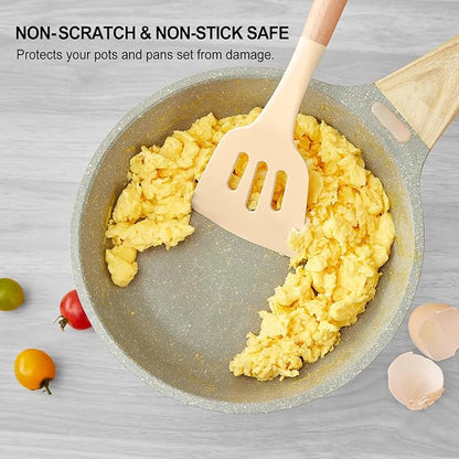 Kitchen Utensils Set - 34 PCS Non-Stick Silicone Cooking Utensils Set Spatula Set with Holder, Wooden Handle Spoon,Brush,Whisk Kitchen Gadgets Tools Set for Nonstick Cookware (Khaki-34P)