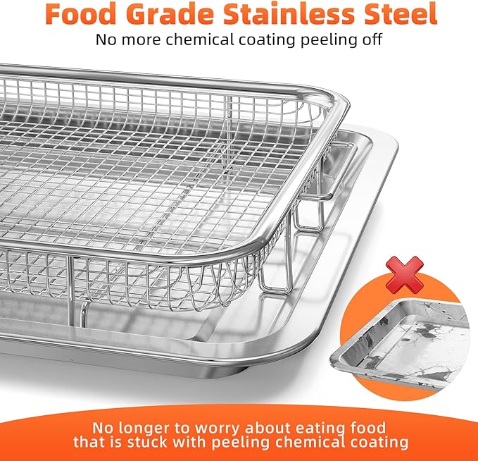Air Fryer Basket for Oven, 2 Set Oven Air Fryer Basket and Tray with Cooking Guide&60 PCS Parchment Papers,DEGOVIN Crisper Tray Non-stick Stainless Steel Air Fry Pans for Convection Oven(Large+Medium)