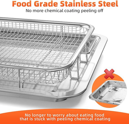 Air Fryer Basket for Oven, 2 Set Oven Air Fryer Basket and Tray with Cooking Guide&60 PCS Parchment Papers,DEGOVIN Crisper Tray Non-stick Stainless Steel Air Fry Pans for Convection Oven(Large+Medium)
