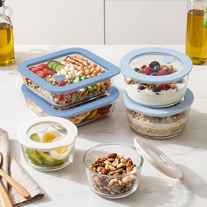Urban Green Glass Food Container Set with Silicone Glass Lid, Square & Round Shape, 6 Pack, Airtight, LeakProof, 100% Plastic Free, Meal Prep Food Storage Containers, Blue & White Color