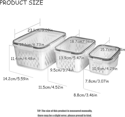 Fruit and Vegetable Storage Containers for Fridge, 6 Pcs/3 Sets Keep Fresh Produce Saver Containers Keeper, Food Storage Containers with Removable Colander (grey)