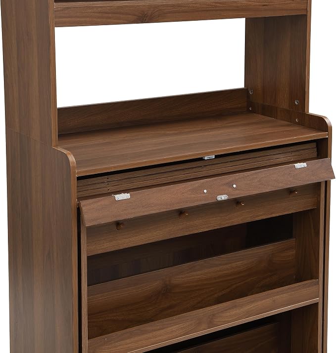 VilroCaz Multifunctional 69" Height Kitchen Pantry with Hutch and Foldable Dining Table, Freestanding Cupboard Cabinet with Storage Shelf and Side Hooks for Small Places (Walnut-5.8)