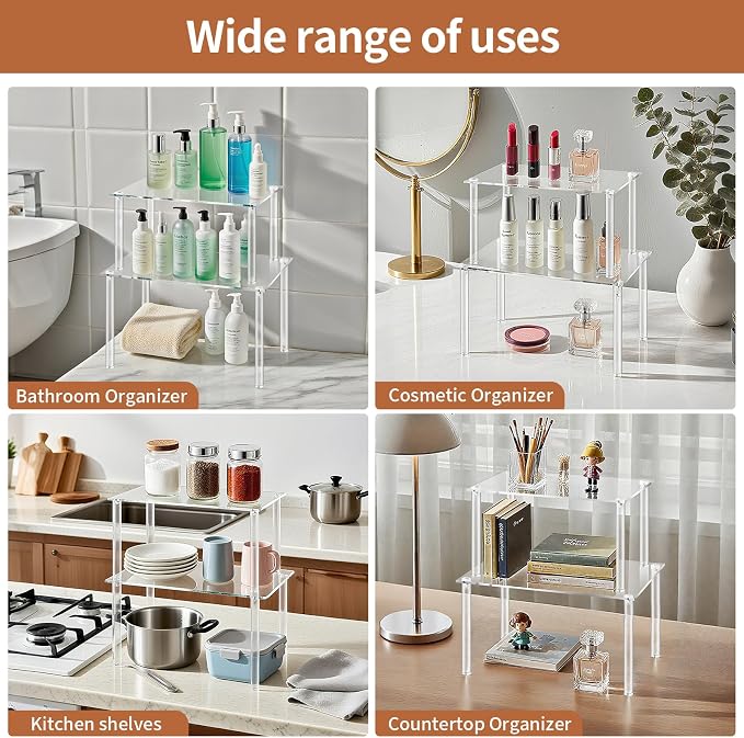 Acrylic Clear Dish Organizer for Cabinet, Set of 2 Spice Rack Organizer Stackable for Pantry and Small Spaces, Desk Countertop Shelf Organizer for Kitchen Bathroom Cupboard Storage