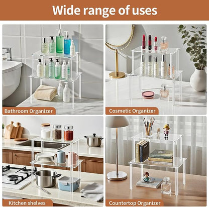 Acrylic Clear Dish Organizer for Cabinet, Set of 2 Spice Rack Organizer Stackable for Pantry and Small Spaces, Desk Countertop Shelf Organizer for Kitchen Bathroom Cupboard Storage