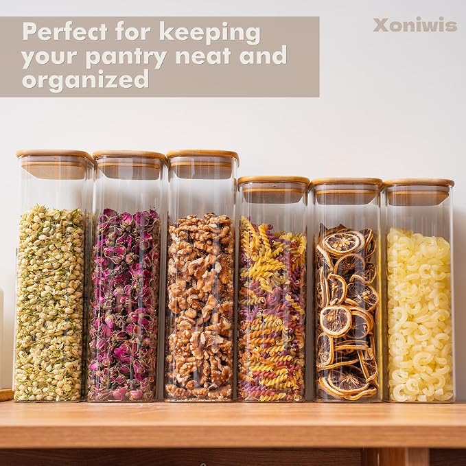 3-Pack 2.2Qt Rectangle Glass Spaghetti Jars with Bamboo Lids | Minimalist Kitchen Organizer,Scandinavian Style Storage,Nordic Style Storage,Food Storage Canister for Pasta, Penne, Macaroni