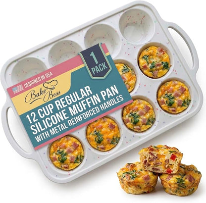 BAKE BOSS 1-Pack - Silicone Muffin Pan for Baking with Metal Reinforced Frame, 12 Cup Regular Size Cupcake Pan, BPA Free -Silicone Muffin Tray, Cupcake Baking Pan Molds for Oven Dishwasher Safe