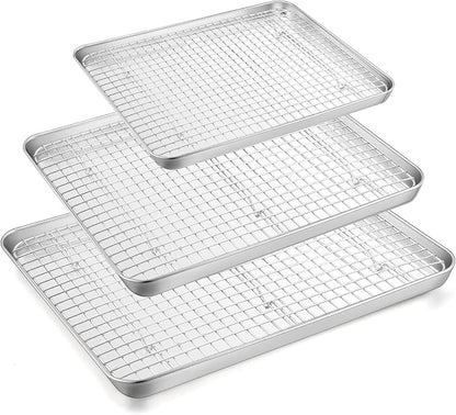 TeamFar Stainless Steel Baking Sheet with Rack Set, 17.6/16/12.5 Inch Cookie Sheets Baking Pans and Cooling Racks for Cooking Serving, Non-Toxic & Heavy Duty, Dishwasher Safe, 6 PCS (3 Pans + 3 Racks)