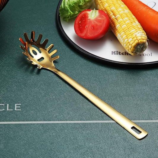 Gold Spaghetti Spoon, Berglander Pasta Server With Titanium Gold Plating, Stainless Steel Spaghetti Server For Cooking, Pasta Fork, Noddle Fork, Dishwasher Safe, Easy to Clean