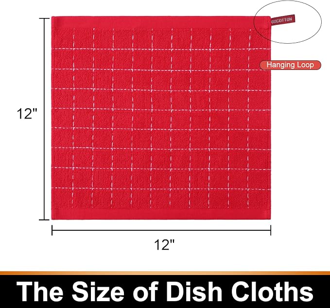 Mordimy 100% Cotton Terry Cloth Dish Cloths, Soft and Absorbent Checkered Dish Towels, Quick Drying Dish Rags for Washing Dishes, 12 Pack, 12 x 12 Inches, Red