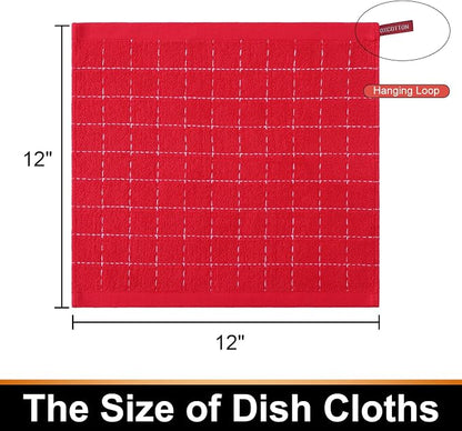 Mordimy 100% Cotton Terrycloth Kitchen Towels and Dishcloths Sets, Soft and Absorbent Checkered Dish Towels, Quick Drying Dish Rags for Washing Dishes, 4 Pack 16" x 26" & 4 Pack 12" x 12", Red