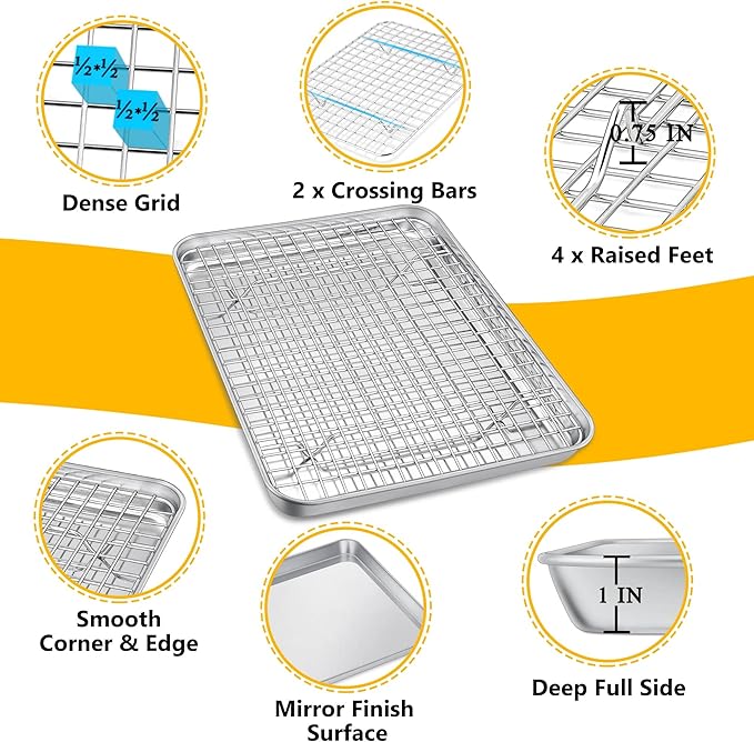 P&P CHEF 12.5 Inch Toaster Oven Pan with Rack Set, Stainless Steel Baking Pan Tray and Grid Cooling Rack for Cooking/Roasting, Dishwasher Safe & Easy to Clean, Non-toxic & Sturdy, (2Pcs)