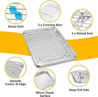 P&P CHEF 12.5 Inch Toaster Oven Pan with Rack Set, Stainless Steel Baking Pan Tray and Grid Cooling Rack for Cooking/Roasting, Dishwasher Safe & Easy to Clean, Non-toxic & Sturdy, (2Pcs)