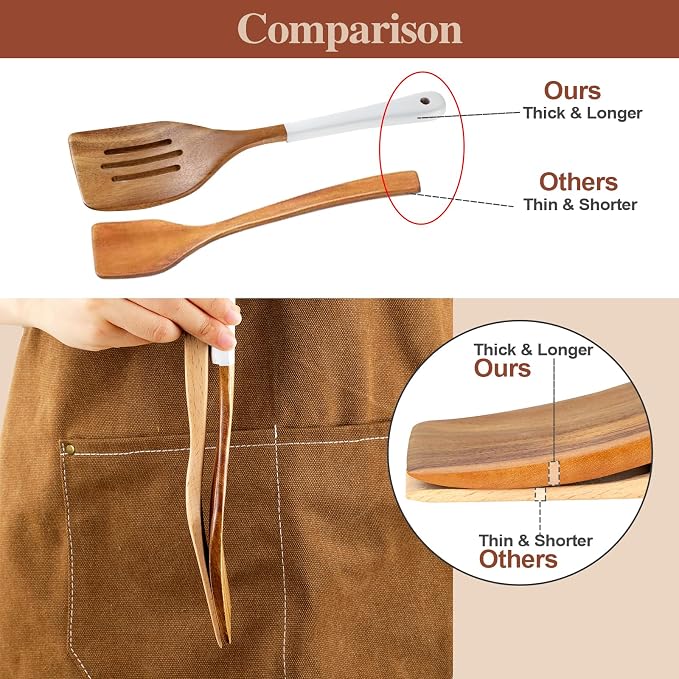 Wooden Spoons For Cooking, 6 Pieces Natural Acacia Wooden Cooking Utensils or Non-Stick Wood Kitchen Utensil Set for Kitchen Essentials, Wooden Cooking Utensils Set with Hanging Hole, White