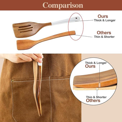 Wooden Spoons For Cooking, 6 Pieces Natural Acacia Wooden Cooking Utensils or Non-Stick Wood Kitchen Utensil Set for Kitchen Essentials, Wooden Cooking Utensils Set with Hanging Hole, White