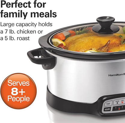 Hamilton Beach 7 Quart Programmable Slow Cooker With Flexible Easy Programming, 5 Cooking Times, Dishwasher-Safe Crock & Lid, Silver (33473)