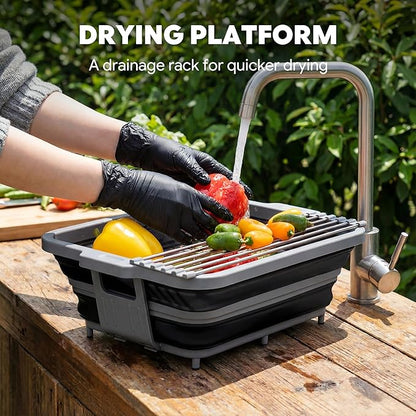 Feasto Collapsible BBQ Prep Tubs with Cutting Board, 9-IN-1, 2 Tubs Portable Grill Prep Station with Side Brackets, Lids, Knives, Meat Claws and Drain Rack, Space-Saving for Kitchen & Camping, Black
