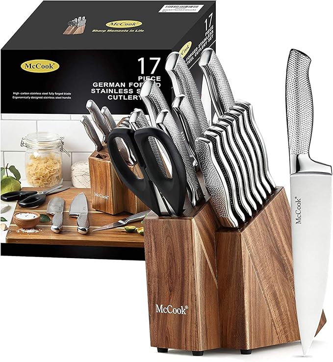 McCook® Knife Sets,Full Tang Hammered German Stainless Steel Kitchen Knife Set, 17 Piece Knives, Razor-Sharp, Forged Triple Rivet, Ergonomic Handle,Elegant Box for Gift