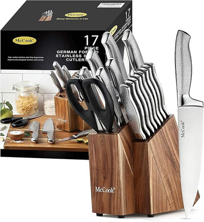McCook® Knife Sets,Full Tang Hammered German Stainless Steel Kitchen Knife Set, 17 Piece Knives, Razor-Sharp, Forged Triple Rivet, Ergonomic Handle,Elegant Box for Gift