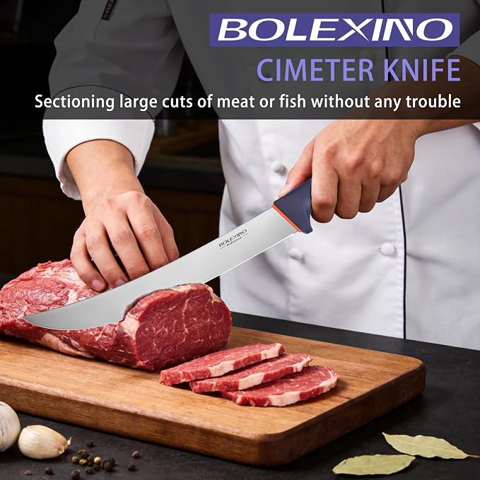 10.5 inch Curved Cimeter Knife W/Non-slip Softgrip,Professional Butcher Knife For Meat Cutting, X50CrMoV15 Stainless Steel, Ideal for Hunting, Kitchen & Home Use