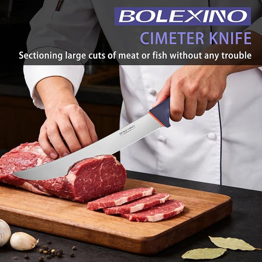 10.5 inch Curved Cimeter Knife W/Non-slip Softgrip,Professional Butcher Knife For Meat Cutting, X50CrMoV15 Stainless Steel, Ideal for Hunting, Kitchen & Home Use