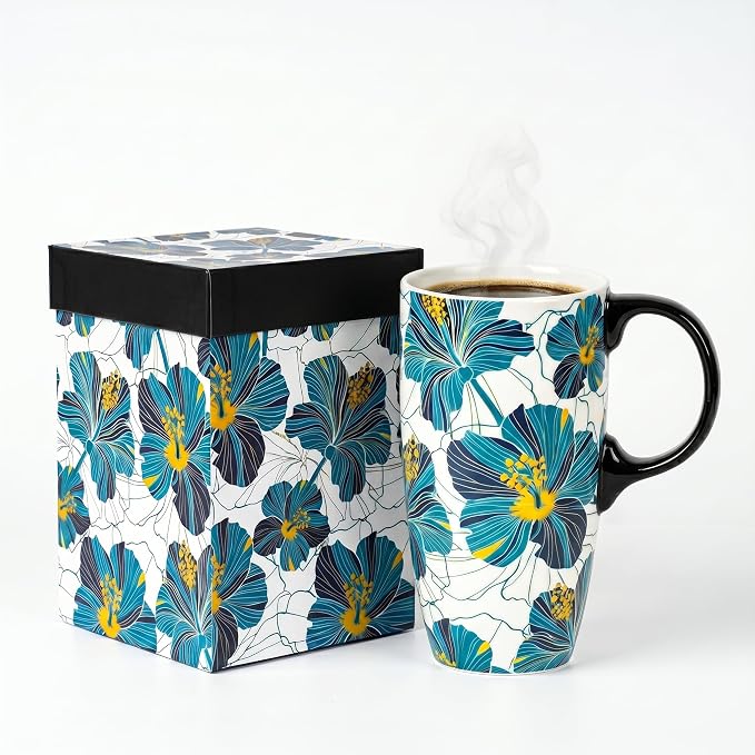 Topadorn 17oz Teal Hibiscus Ceramic Travel Mug with Lid, Floral Coffee Cup with Handle, Spill Resistant Lid, Microwave & Dishwasher Safe, Gift Box Included