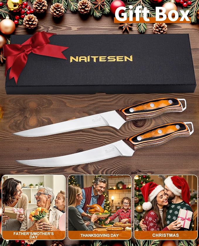 Naitesen Professional Boning Knife and Fillet Knife Set 2, Super Sharp Outstanding Flexibility 10Cr18Mov High Carbon Steel Full Tang Wooden Handle for Fish Meat Poultry Cutting Home Kitchen