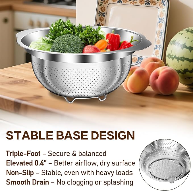 Colander, Strainer Bowl, Stainless Steel Colander, Rice Washing Bowl, Pasta Strainer & Vegetable Washer, Kitchen Strainer with Mixing Bowl for Draining, Food Prep, Dishwasher Safe, 5QT