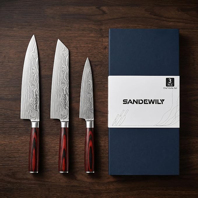 3-Piece Kitchen Knife Set, High Carbon Stainless Steel Sharp Knives with Sheaths - 8" Chef, 7.5" Kiritsuke, 5" Utility Knives for Home Cooks, Cooking, Meat & Vegetables