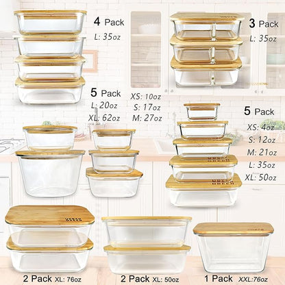 Urban Green Glass Container with Bamboo Lid, 2 Pack of 50oz, Large Glass food storage Container with Lids, Meal Prep Containers Set of 2