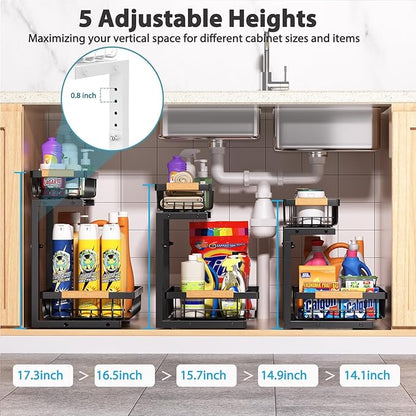 Liuoud Under Sink Organizer 2 Pack, 2 Tier Slide Out Large Capacity Height Adjustable Under Sink Organizers and Storage for Kitchen Bathroom Cabinet, Black