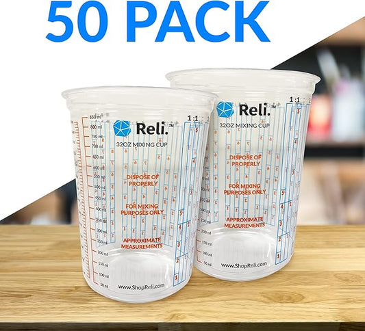 Reli. (50 Pcs) 32 oz (1 quart) Paint Mixing Cup | Disposable Measuring Cups | Clear Plastic Mixing | Use for Paint, Epoxy, Resin, Pigments (32oz)