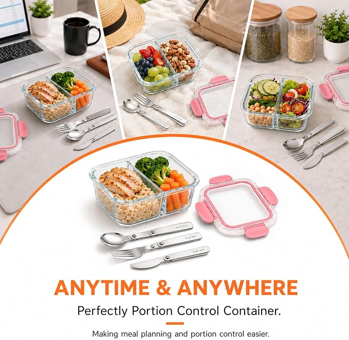 5 Pack Bariatric Meal Prep Containers, 8 oz Bariatric Bowls for Portion Control, Reusable Glass Snack Food Containers with Lids & Folding Spoon & Fork & Knife, Bariatric Must Haves (Pink)
